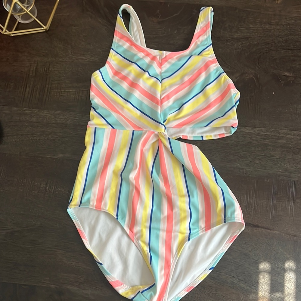 Lucky Brand Girls striped one piece cutout swimsuit